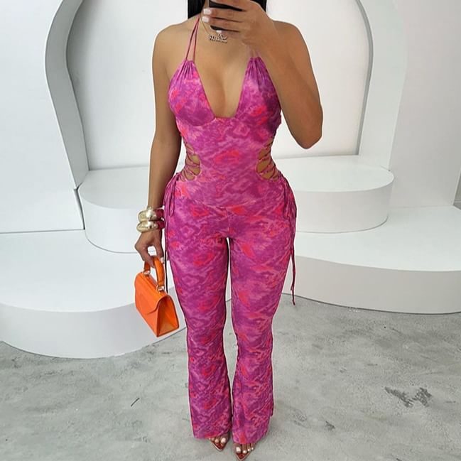 HERMITAKH - Halterhals Tie Dye Uitsparing Open Rug Uitlopende Jumpsuit