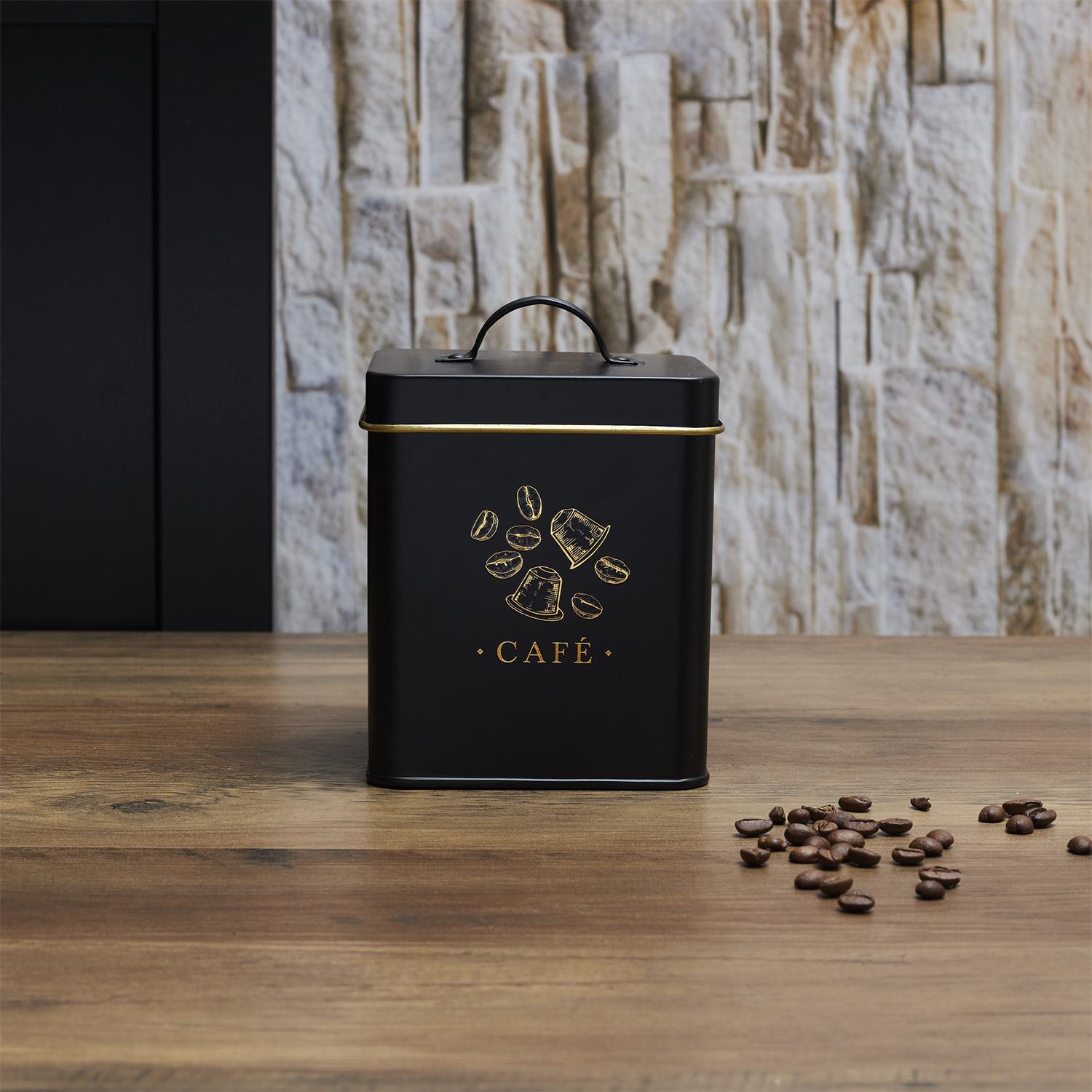 BOITE METAL NOIR ET DORE CAFE