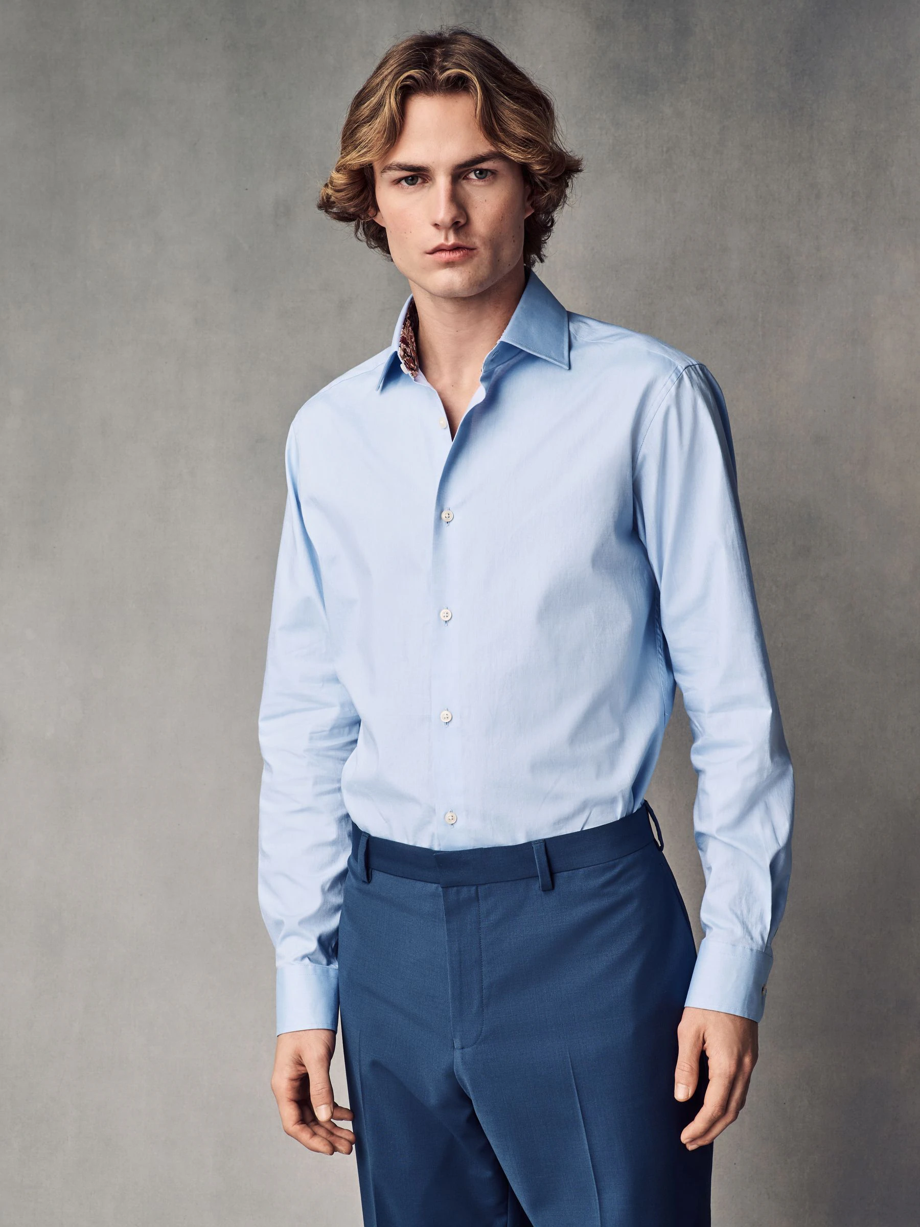 Blauw - 100% katoenen getextureerd overhemd van keperstof