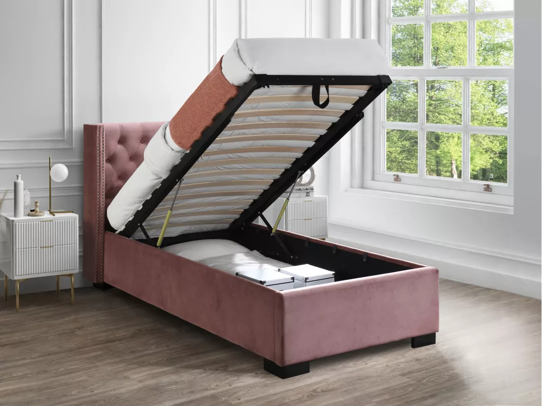 Lit coffre 90 x 200 cm avec tête de lit capitonnée - Velours - Rose + Matelas - MASSIMO