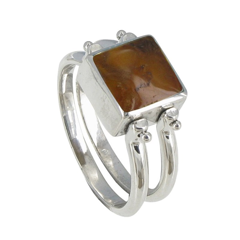 Bague Double Anneaux Argent Réversible Carré de Larimar et Ambre