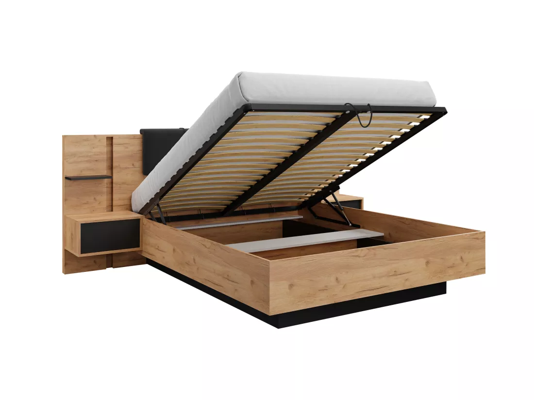 Lit coffre avec chevets 160 x 200 cm - Avec LEDs - Coloris : Naturel et anthracite + Matelas - ELYNIA