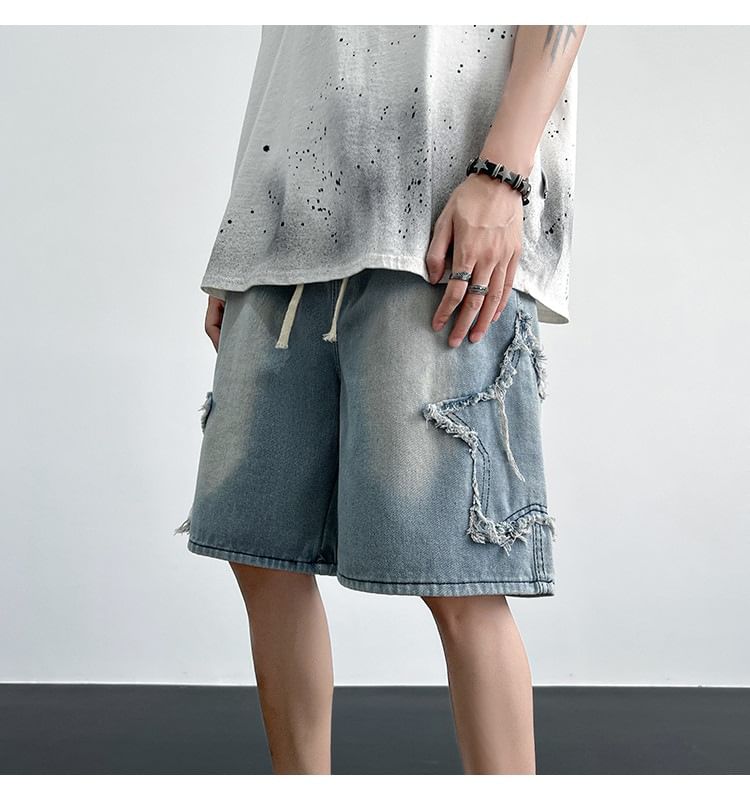 Femilina - Denim shorts met hoge taille en sterrenaccent