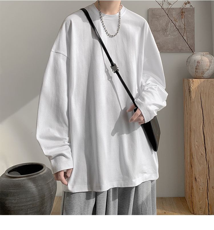 FOEV - T-shirt met lange mouwen, ronde hals en effen oversized print