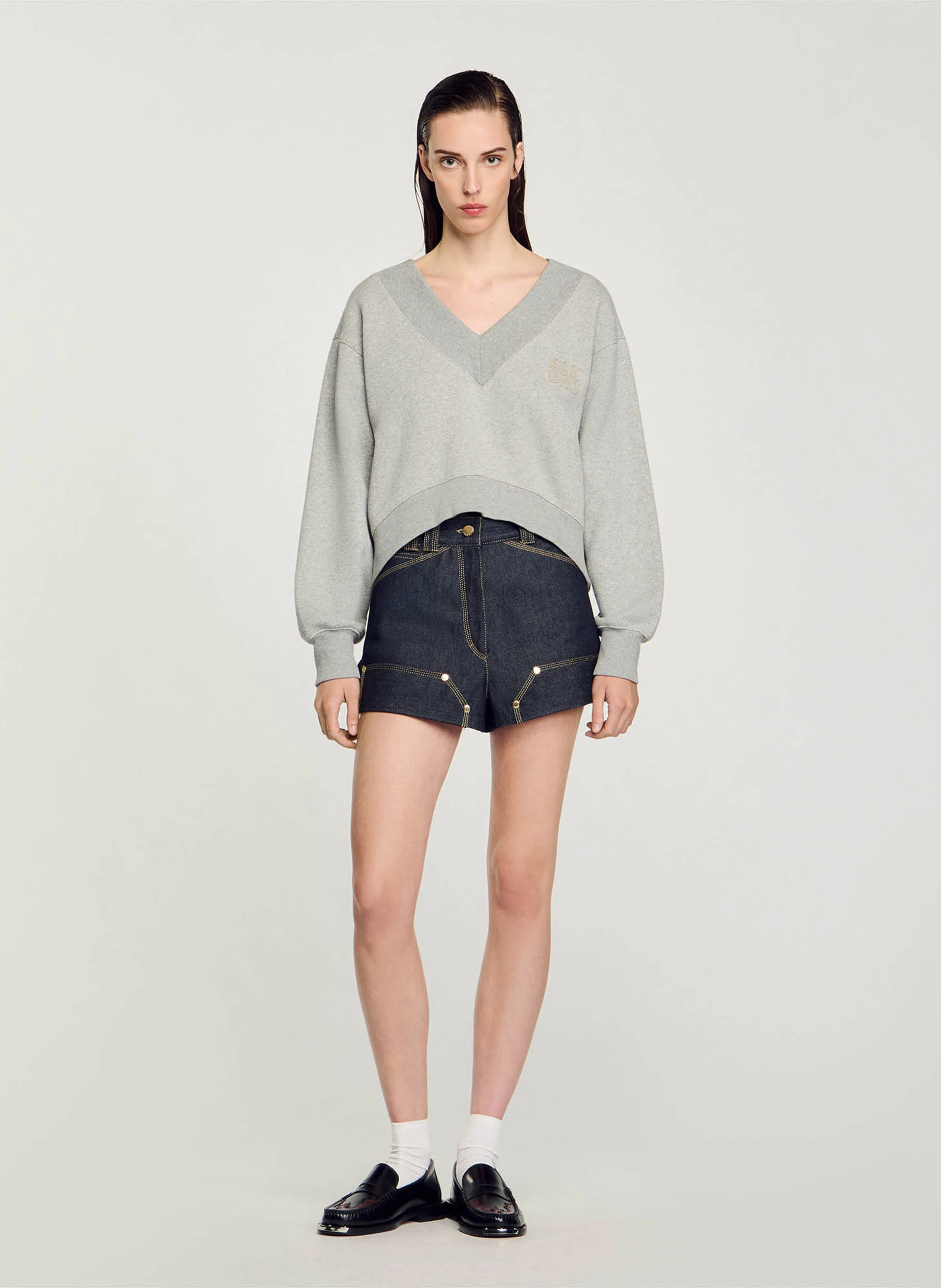 Sweat col V ample en coton mélangé | Gris