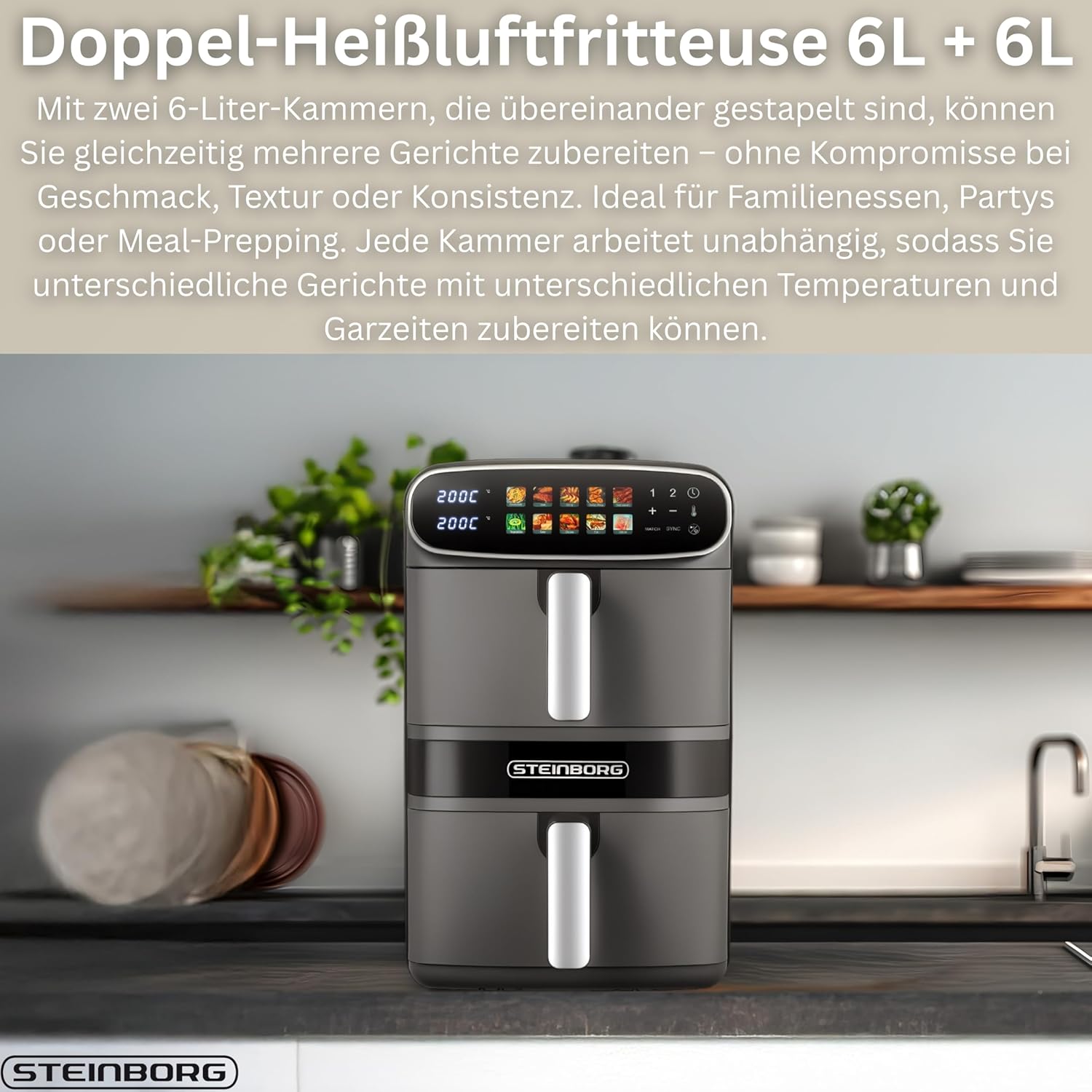 Steinborg® Heißluftfritteuse XXL 12 Liter Doppelkammer Heißluft-Frittieren Heissluftfritteuse 2 vertikale Schubladen 6L+6L Grillen Backen Dörren Frittieren Fritteuse ohne Öl Heißluftofen
