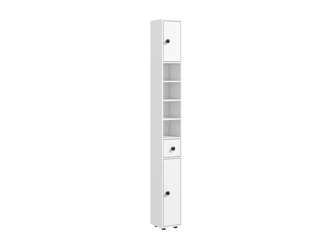 Meuble colonne salle de bain 2 portes 2 étagères 4 niches tiroir poignées métal noir panneaux blanc