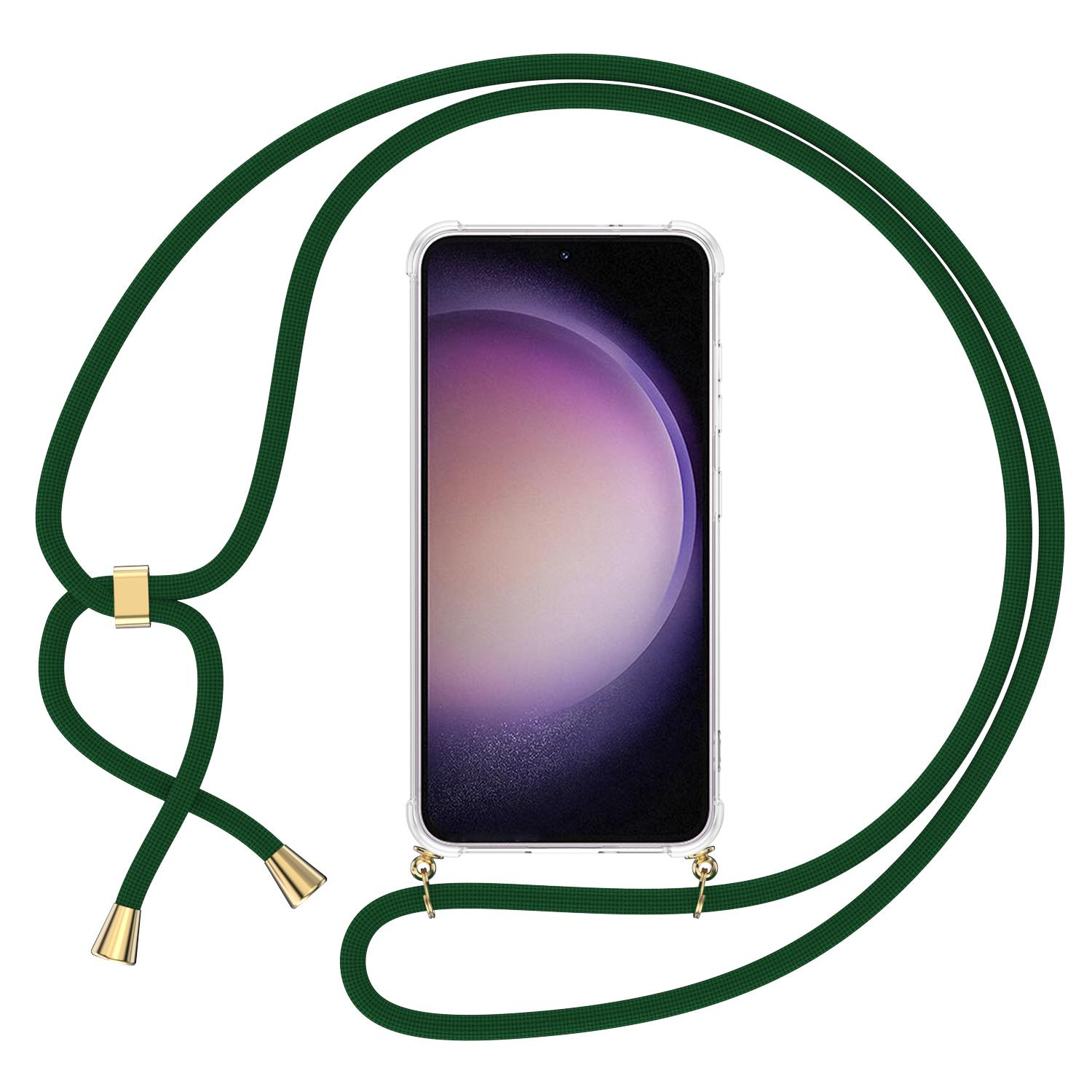 Samsung Galaxy S23 5G Necklace Gummi Hülle Air Cushion Fallschutz   Handykette (150cm) - Dunkelgrün / Gold