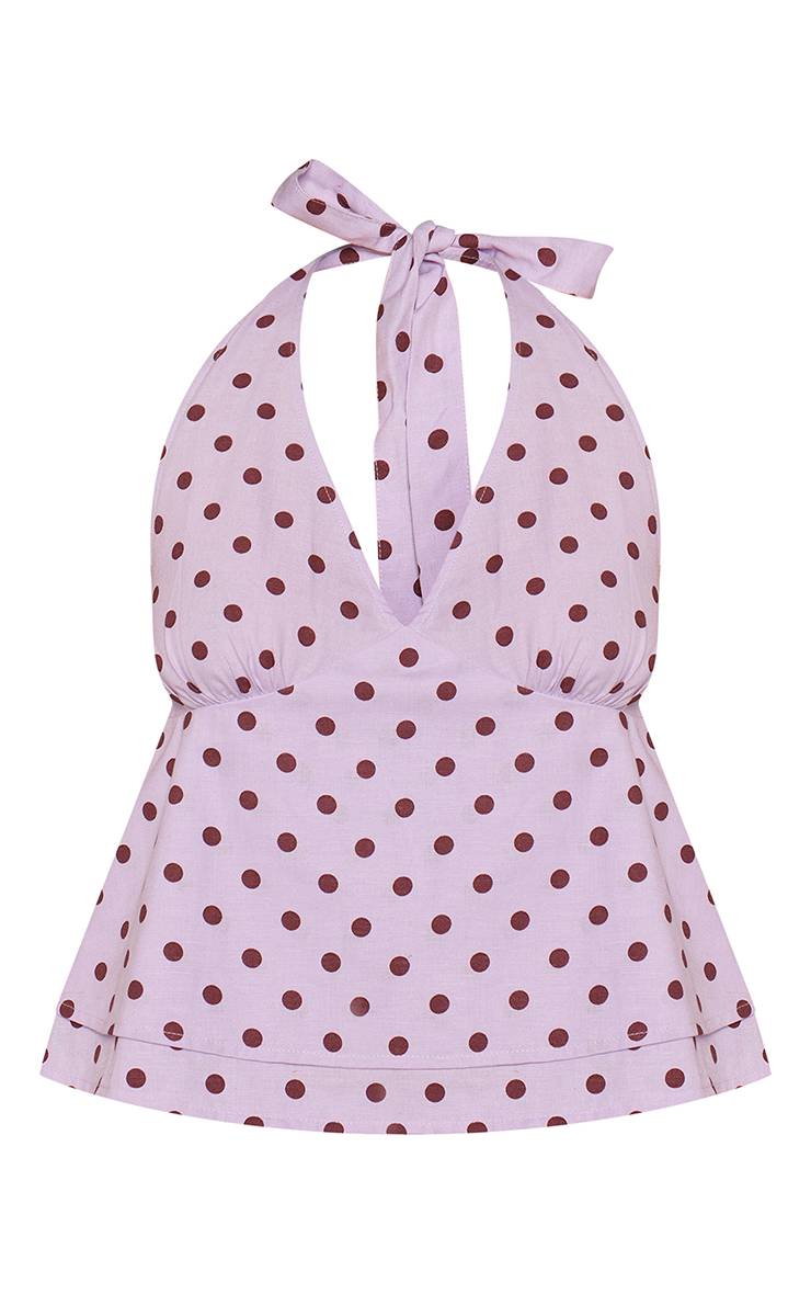 Lilas Ensemble Haut À Col Licou Étagé En Coton À Pois