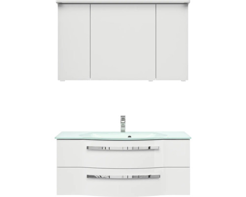 3-delige badkamermeubelset Pelipal xpressline 4005 BxHxD 120 x 200 x 49,1 cm, hoogglans witte fronten, met witte glazen wastafel en glazen wastafelmeubel, wastafelkast, spiegelkast met LED-verlichting, verchroomde grepen, 992.1200211 9921200211