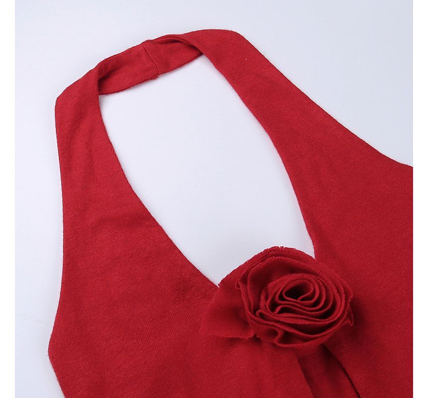 Alizio - Halterhals geribbelde crop top met bloemensplit