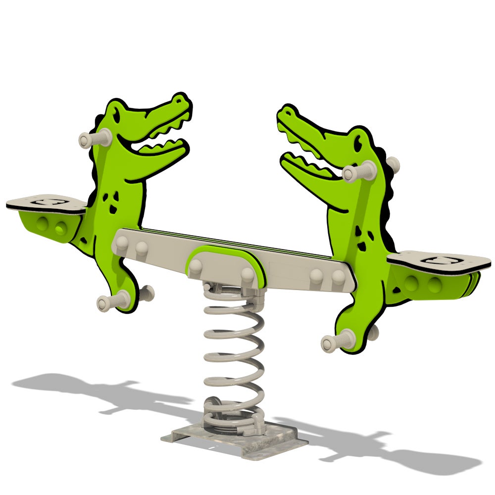 WICKEY Duo Spring Rocker PRO Crocodile Tailley – ONDERPLAAT – Openbaar springdier volgens 1176 – voor openbare en particuliere ruimtes. Vandaalbestendig – groen/grijs