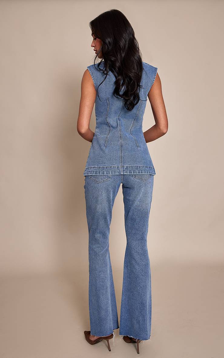 Bleu Foncé Jean Évasé Taille Basse Stretch Coupe Longue