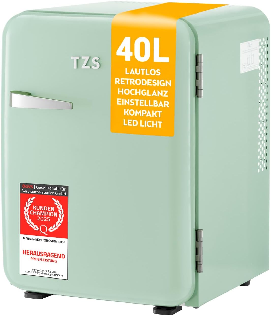 TZS First Austria - Retro Mini Kühlschrank 40L lautlos - Kleiner Minikühlschrank im Vintage-Design mit Innenbeleuchtung & 2 Türfächern - Minibar für Camping, Büro, Schlafzimmer & Hotel - mint