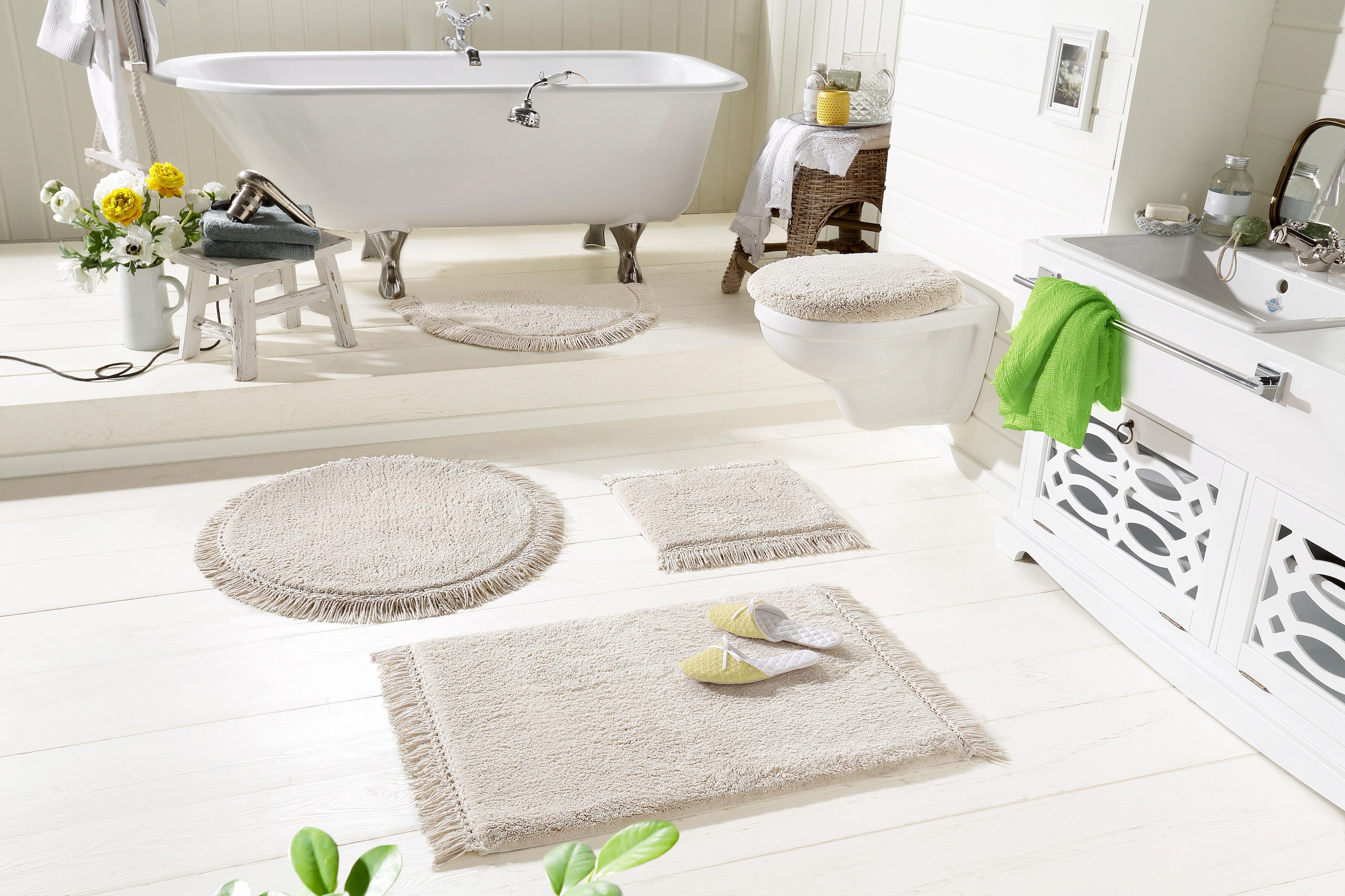 my home Badematte »Finca, Badvorleger, Badezimmer Teppich« Höhe 16 mm rutschhemmend beschichtet fussbodenheizungsgeeignet | strapazierfähig Fransen, Boho, Badteppich, Bio-Baumwolle, auch als 3 teiliges Set