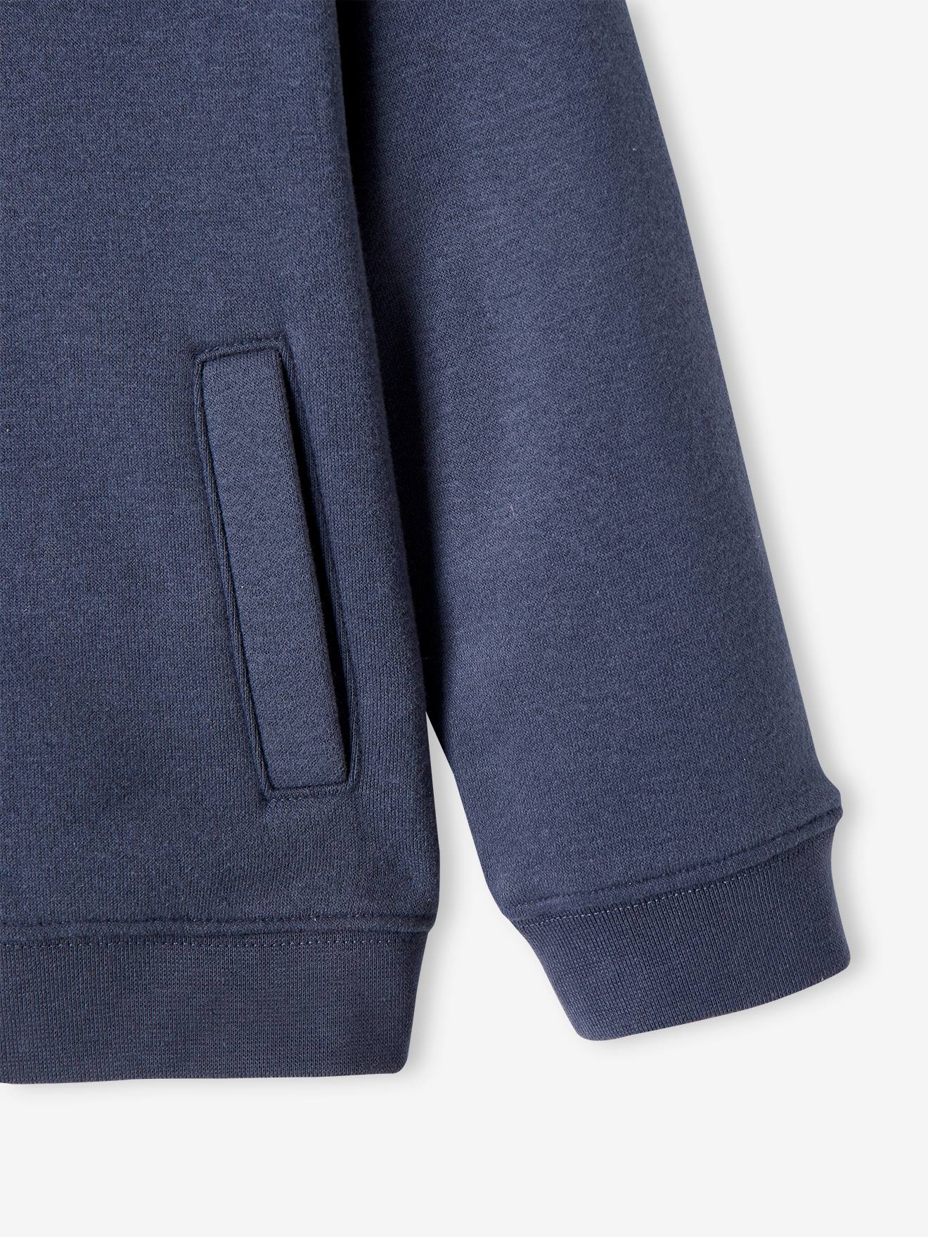 Moletom infantil feminino azul médio liso com zíper, capuz esportivo e detalhes decorativos.