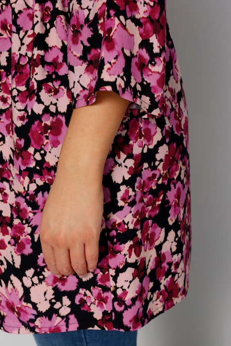 Tunika, Blumenmuster, V-Ausschnitt mit Zipper