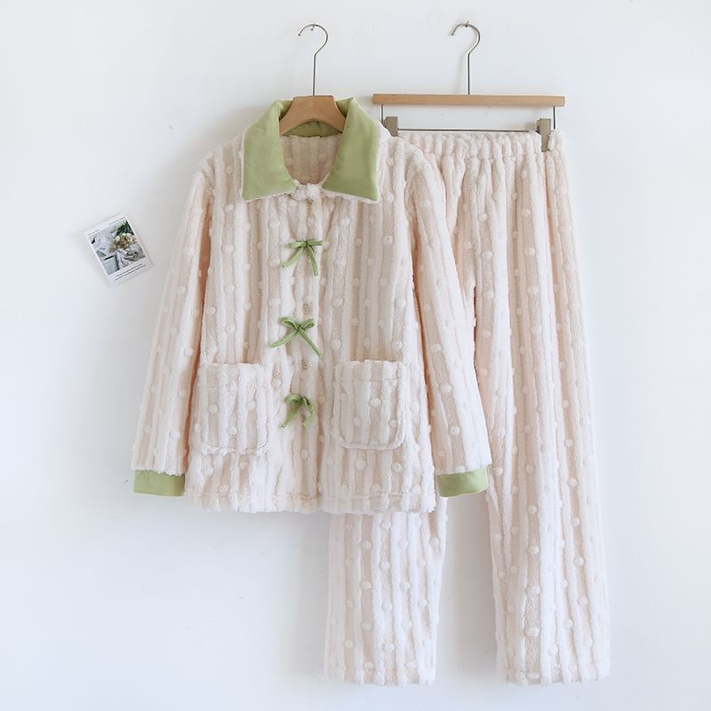 MelMount - Pyjamaset: Lange mouwen, kraag, tweekleurige strik, koraalkleurige fleece top met knopen + elastische tailleband en rechte pijpen