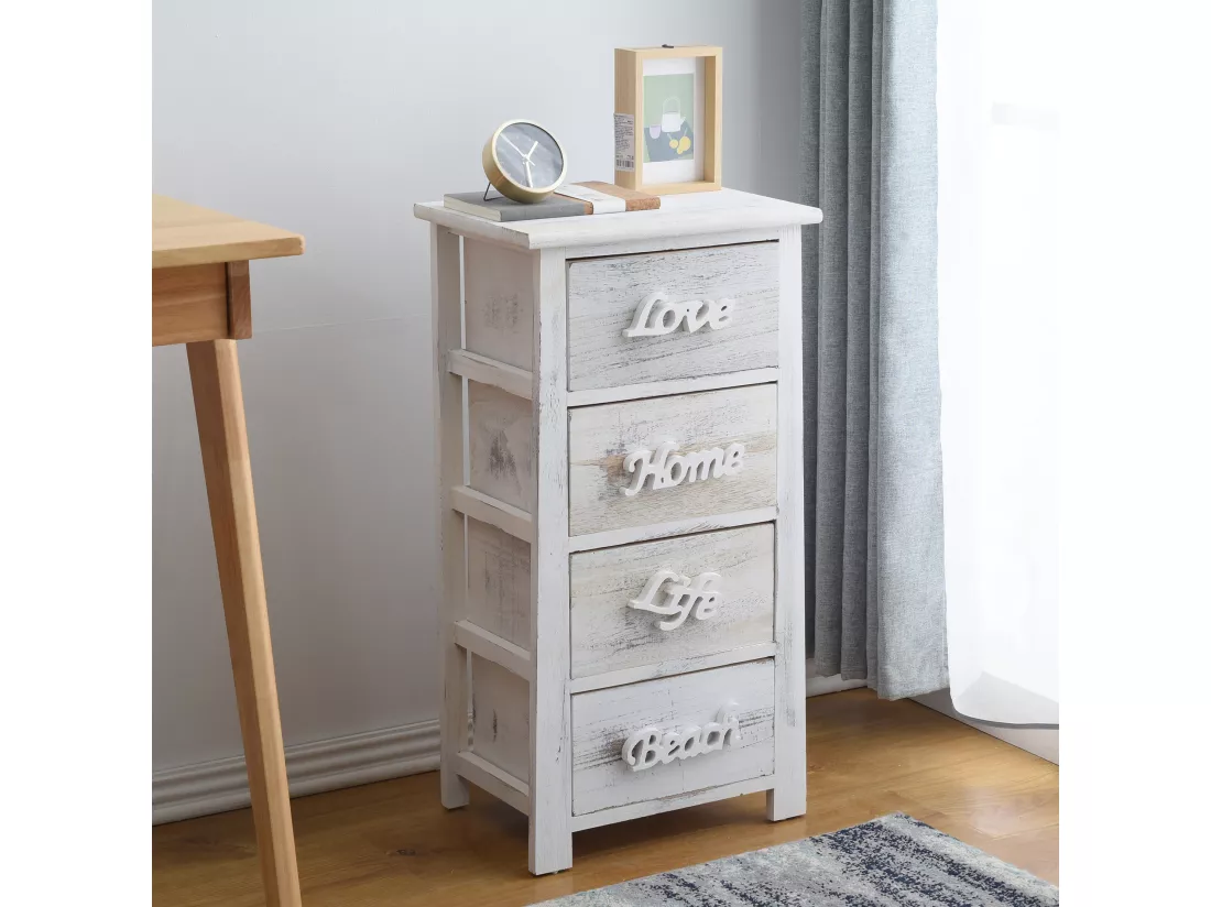 Chiffonnier Meuble 4 Tiroirs Bois Blanc Shabby 73x37x27