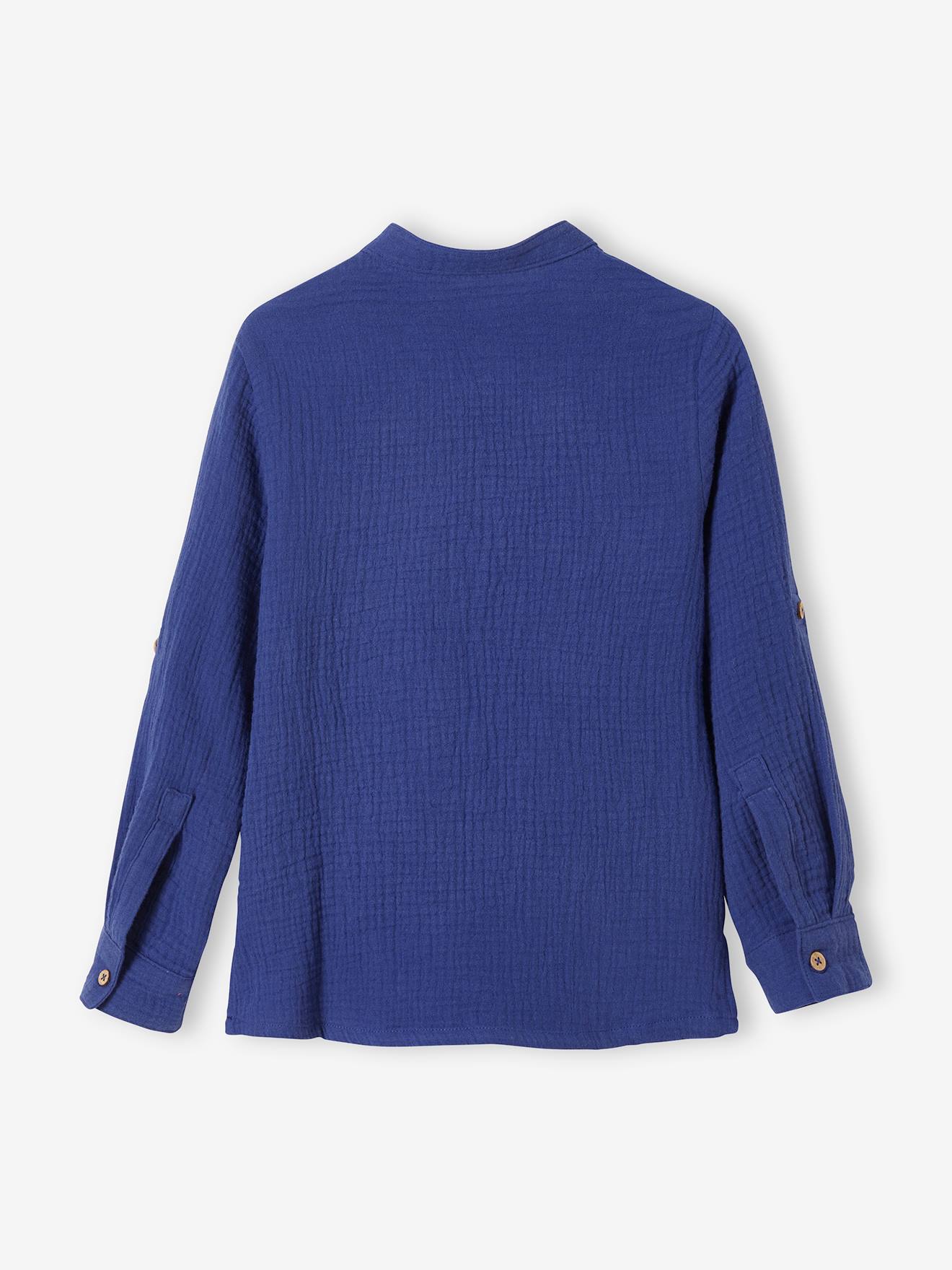 Camisa de chiffon de algodão com mangas que podem ser dobradas, para menino de pele cor de barro.