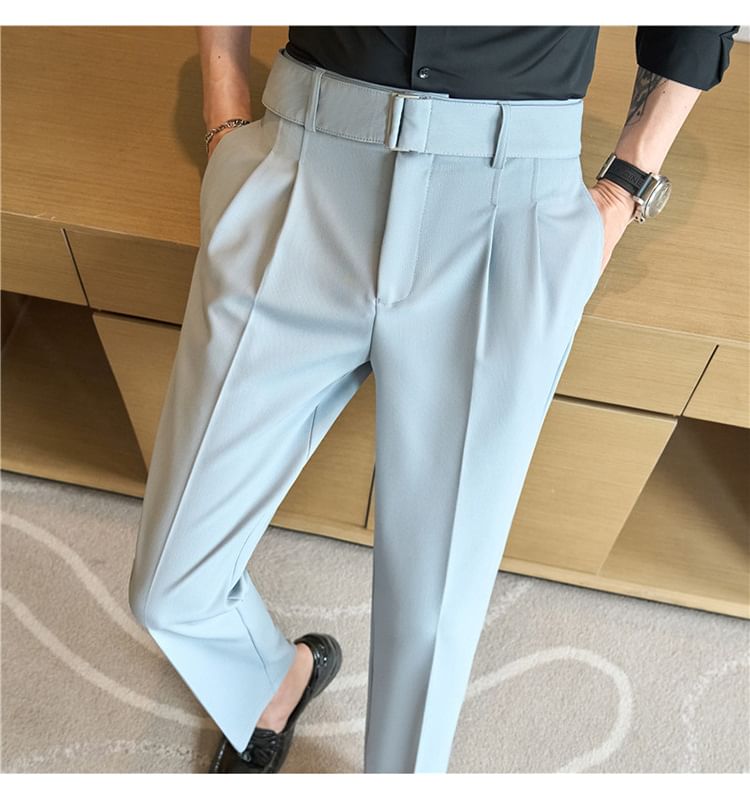 Lefitt - Set: Mid Rise Plain Cropped Straight Leg Dress Pants + Belt