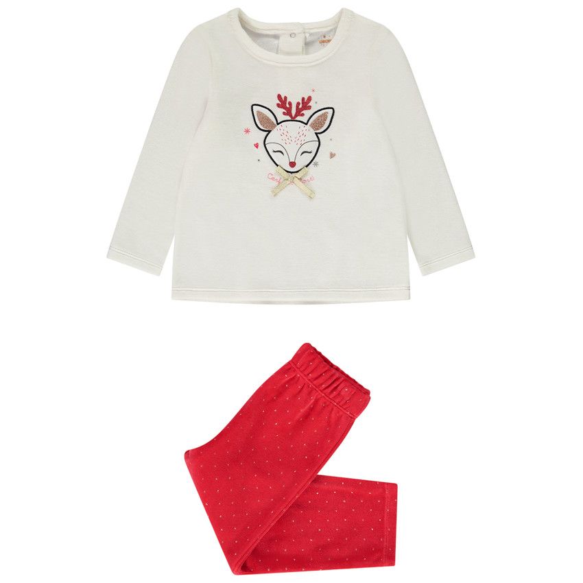 Pyjama 2 pièces en velours biche de Noël pour bébé fille - Ecru