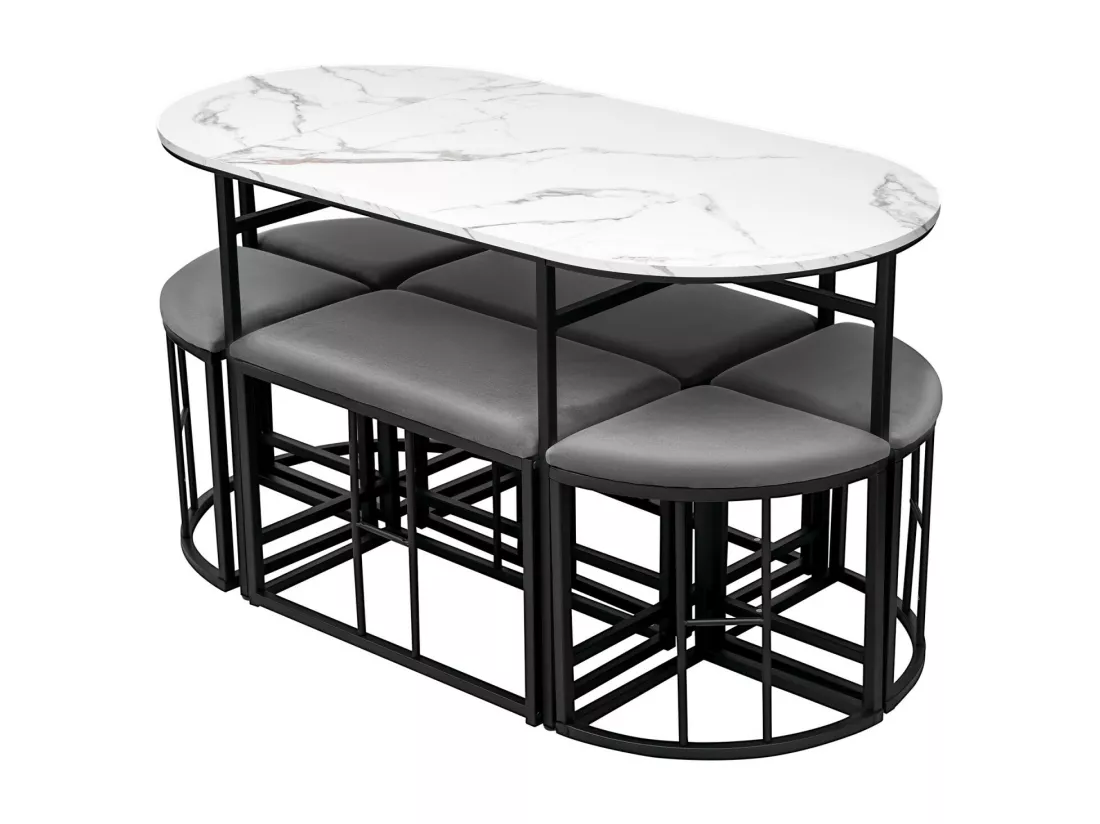Table à manger ovale 6 personnes, avec 6 tabourets, Effet marbre, en MDF et acier, Charge max 120kg, 140x70x74cm