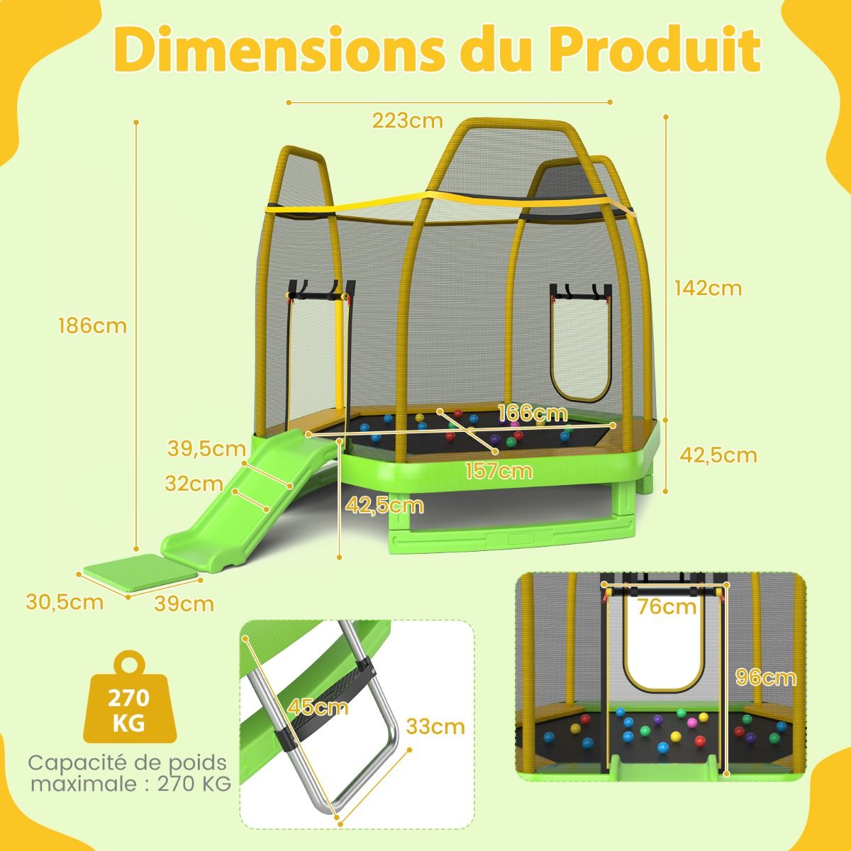 Trampoline Extérieur Ø 223cm avec Toboggan&Echelle avec Filet de Sécurité 2 Portes en U Charge 270kg pour 2-3 Enfants de 3 Ans+ Bleu/Vert - Lidl-Manfred