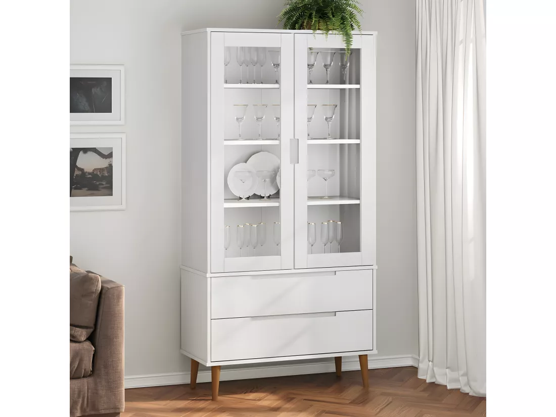 Armoire à vitrine MOLDE Blanc 90x35x175 cm Bois de pin massif