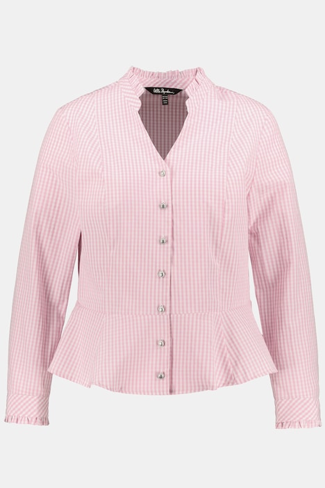 Bluse, Karo, Rüschen, Schößchen, V-Ausschnitt, Langarm