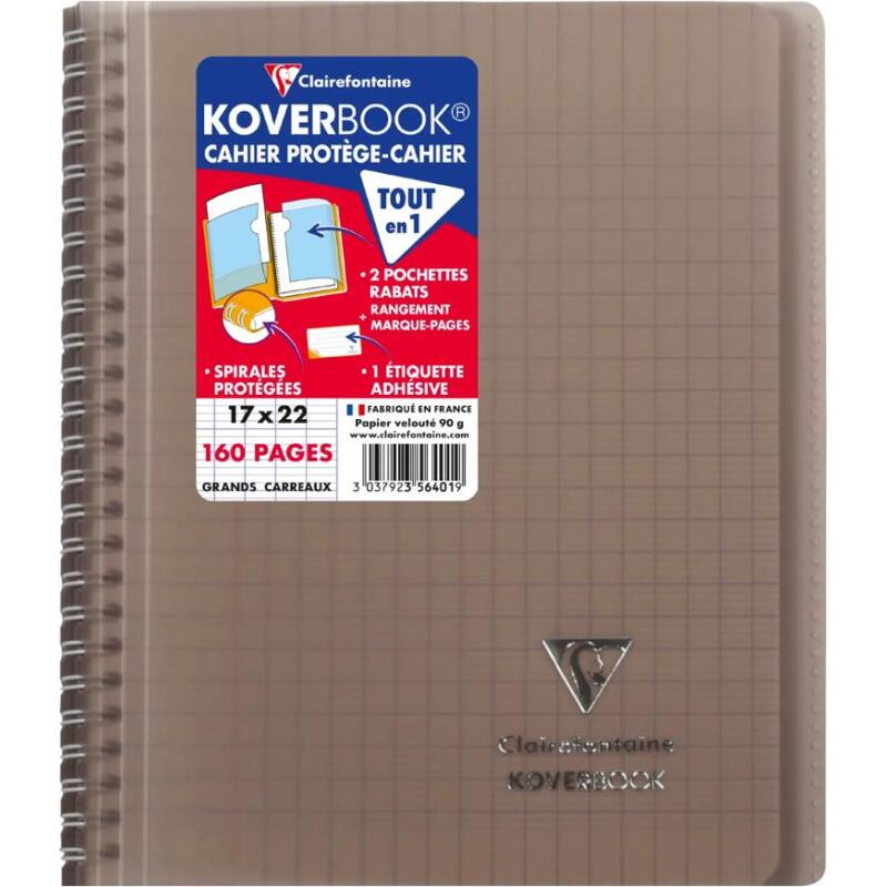 Cahier reliure intégrale enveloppante Koverbook 17x22cm 160 pages grands carreaux couverture polypropylène transparent - Assortis