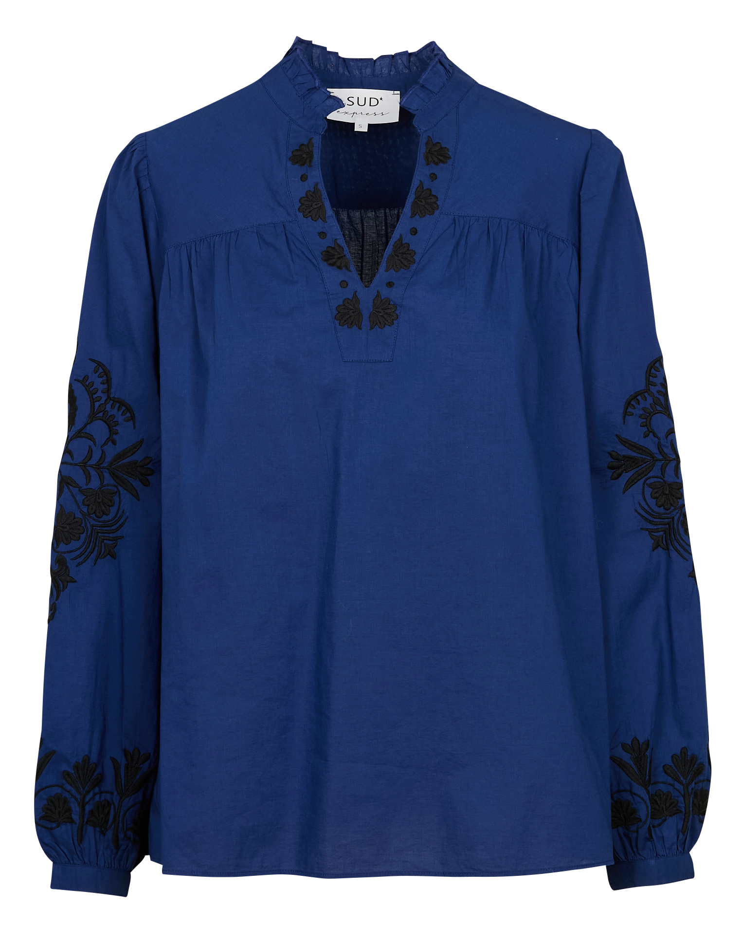 TEFITIS - Blouse col V ample en coton brodé | Bleu