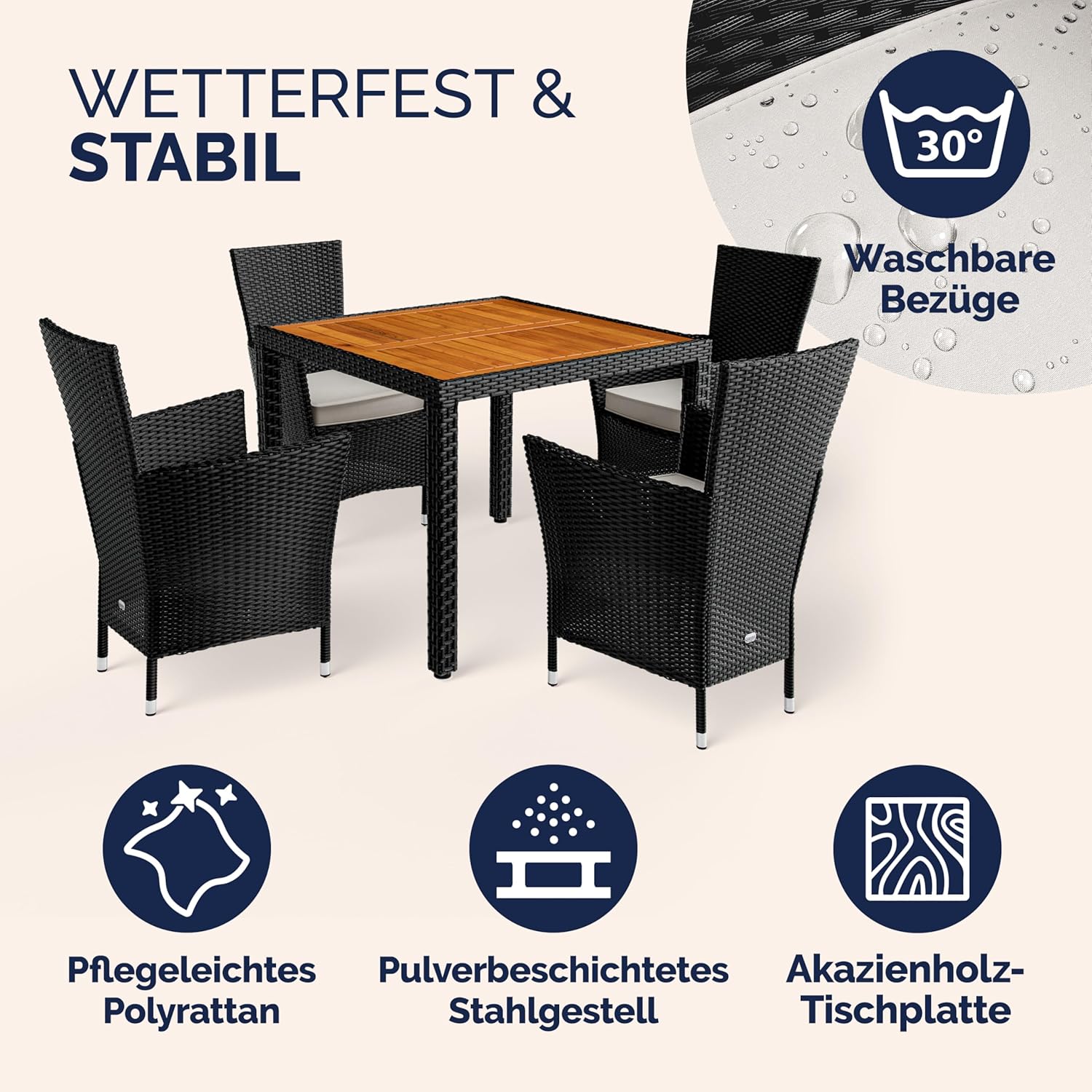 Casaria® Gartenmöbel Set Holz Balkon Wetterfest 4 Personen Polyrattan Akazie Outdoor 7cm Auflagen Stapelbar Gartenstühle Gartentisch Garten Terrasse Möbel