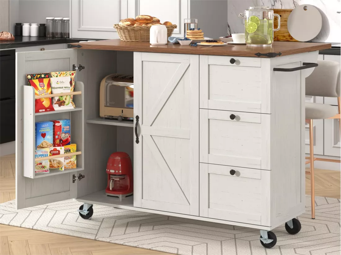 Ilot central de cuisine - avec plateau escamotable - 2 portes et 3 tiroirs - Beige
