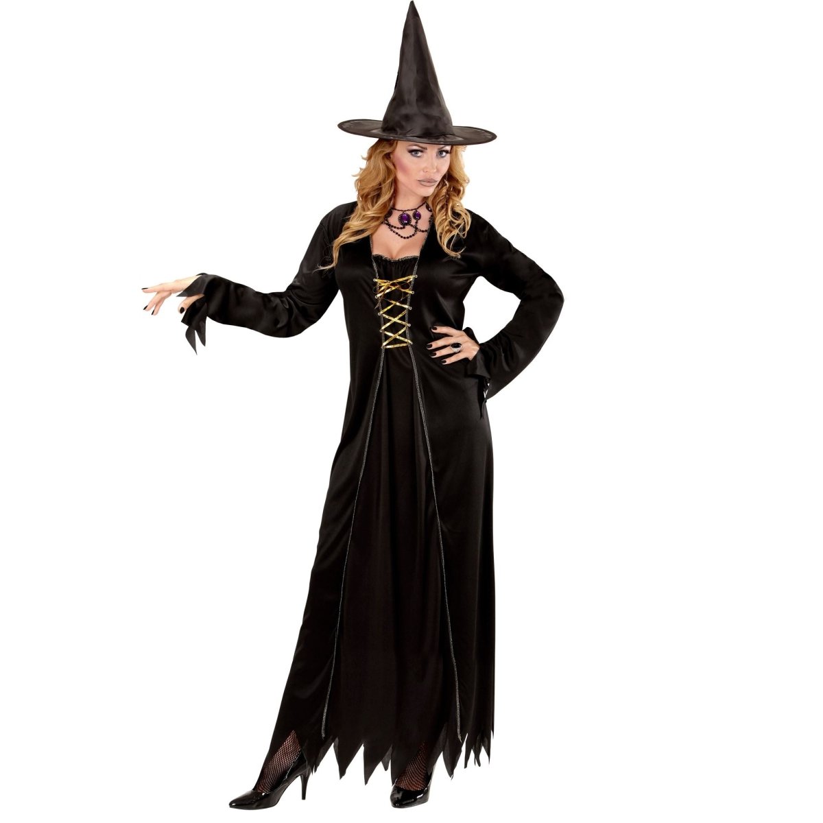 Halloween Kostuum Zwart Goud Dames Heks 2 delig