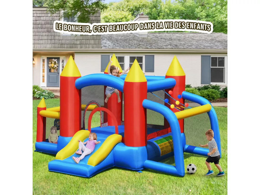 Château Gonflable pour Enfants avec Souffleur 450W Toboggan 60 Boules Colorées,Jeux de Fléchettes But de Football Sac