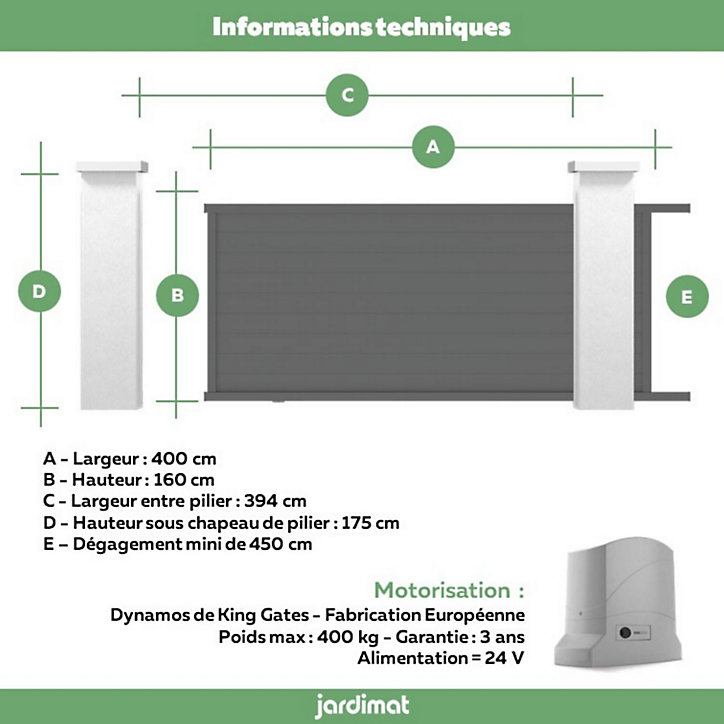 Portail Jardimat coulissant motorisé aluminium Alpes gris antique - 400 x h.160 cm