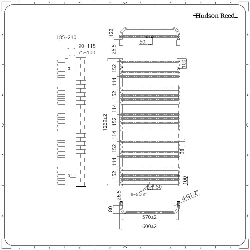 Hudson Reed Arch - Handtuchheizkörper 1269mm x 600mm in Weiß mit Mittelanschluss