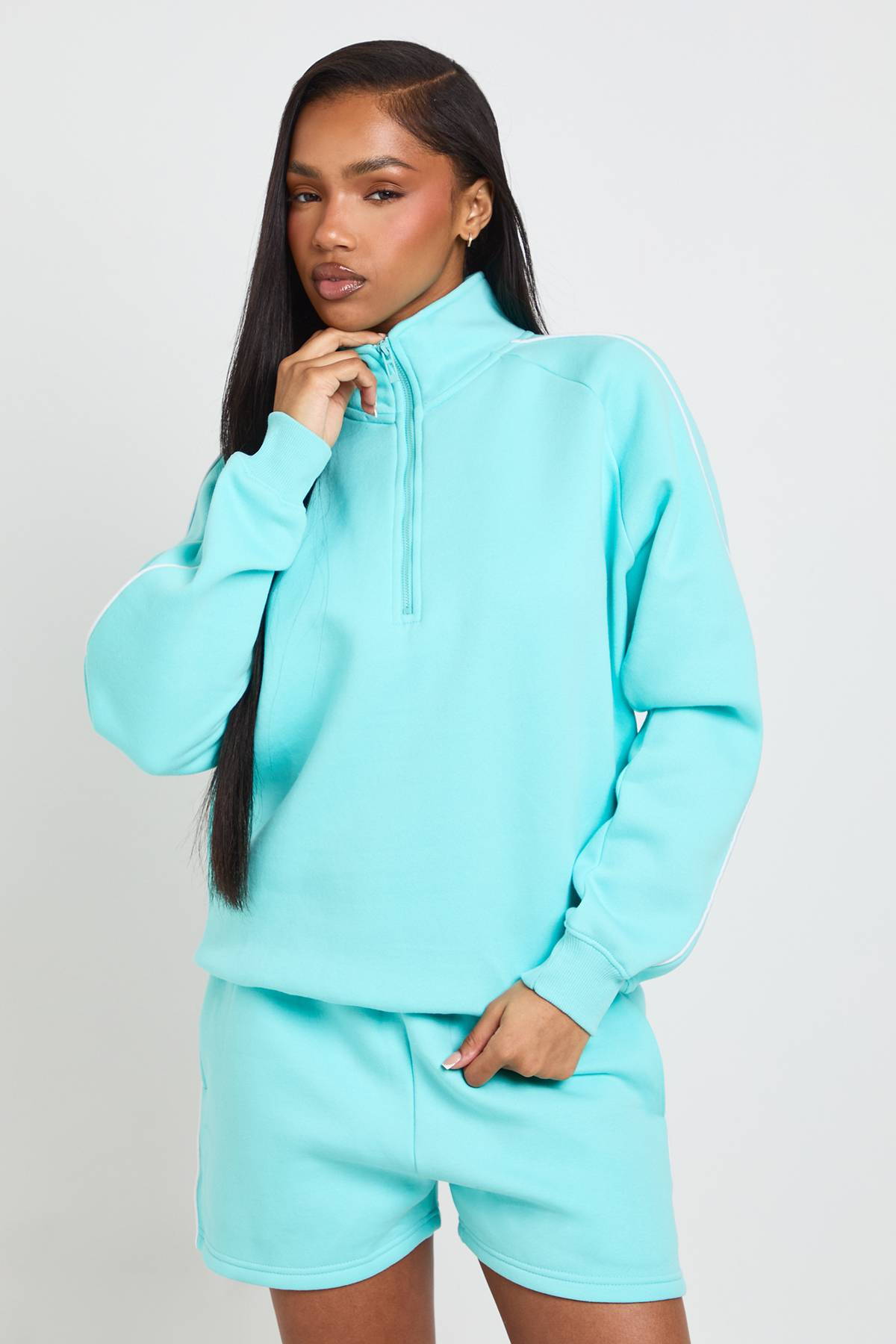 boohoo Ensemble Survêtement Court Sweat-shirt Demi-zip Détail Passepoil