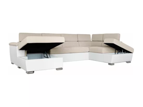 Canapé panoramique PAOLA convertible 2 coffres en tissu Easy Clean antitache et simili- Beige/Blanc