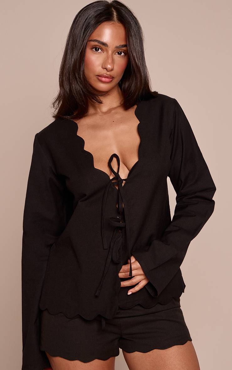 Noir Short Mini Coordonné À Bords Festonnés Effet Lin Petite