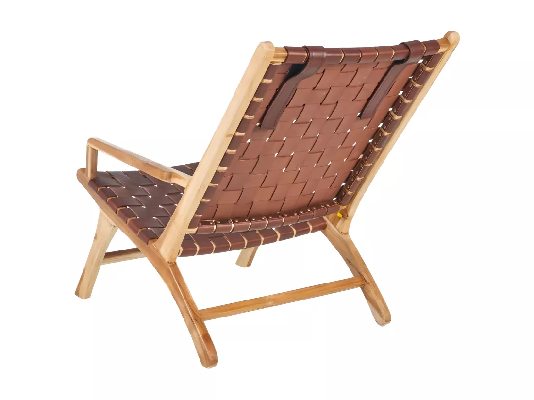 Fauteuil Teck/Cuir tressé Marron avec coussin - ESSAOUIRA