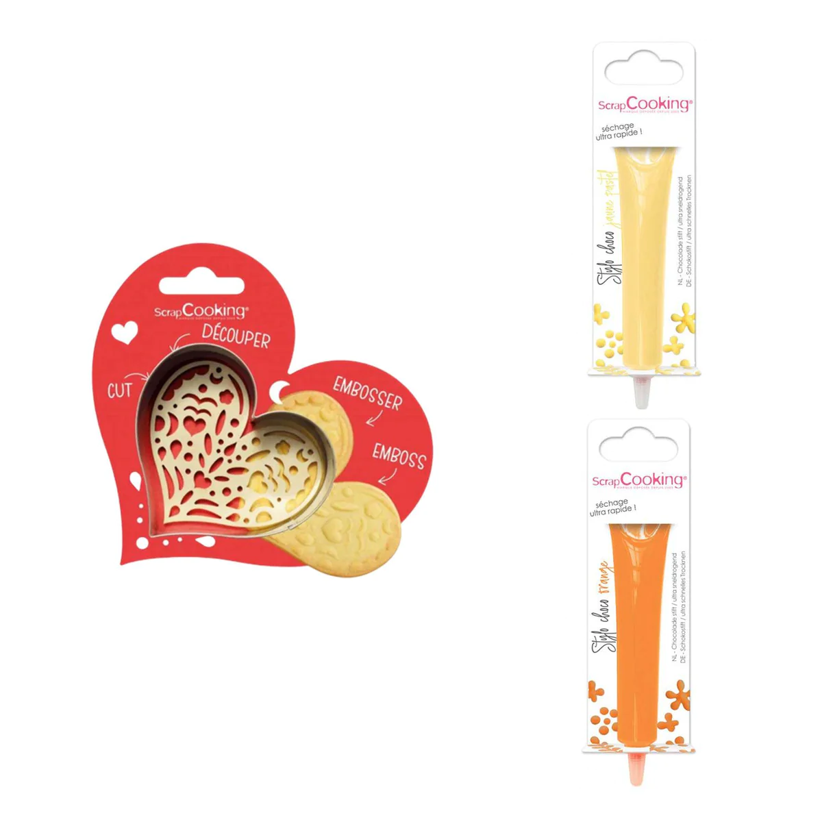 Kit pour biscuit en relief Coeur + 2 Stylos au chocolat jaune pastel e