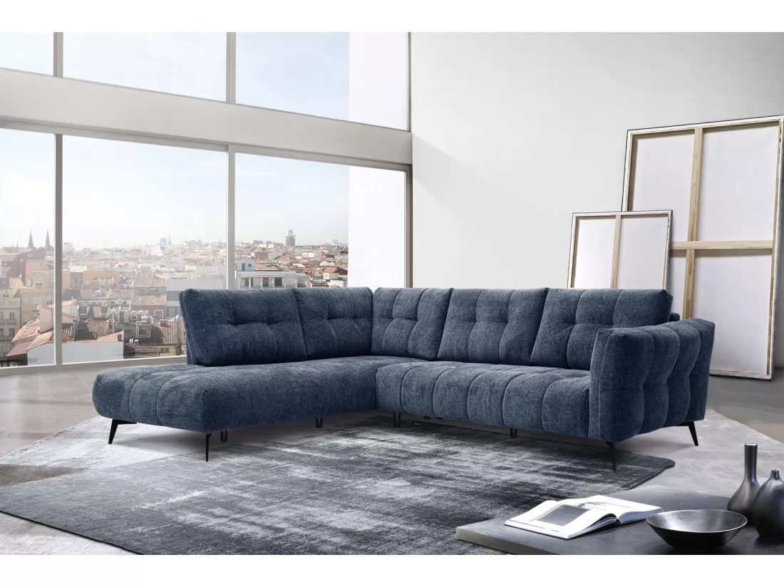 Canapé d'angle gauche 5 places tissu bleu foncé