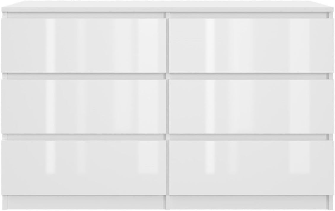Kommode mit 6 Schubladen | Weiß - glänzende Vorderseite 120 cm Ideal für Schlafzimmer Wohnzimmer Kinderzimmer und Büro | Große geräumige Schubladenschrank | 120x75x40 cm