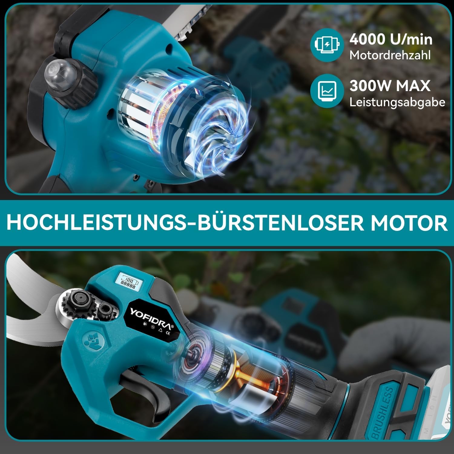 Yofidra 4-IN-1 Akku Hochentaster Ast Kettensäge & Astschere mit Teleskop - Bürstenlos 25mm Baumschere, 6 Zoll Mini Kettensäge, mit 200cm Teleskopstange, 180° Einstellbarer Winkel, 2 x 3.0Ah Akkus