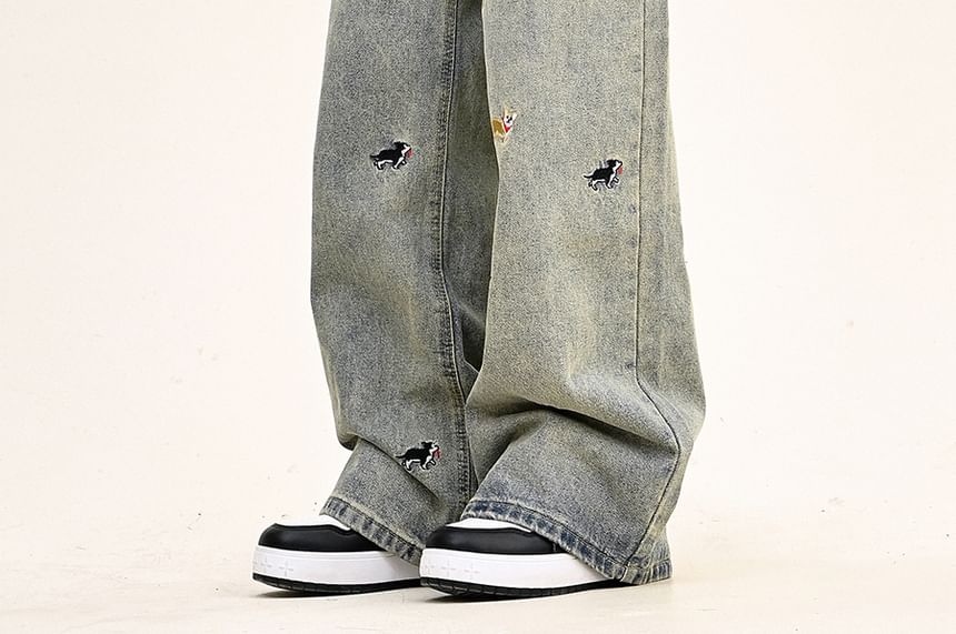 Moon City - High Rise Dog geborduurde gewassen wijde jeans