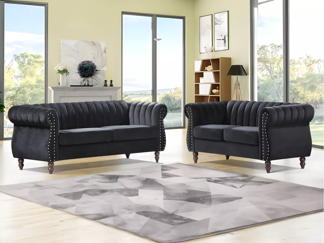 Canapés chesterfield 3 places et 2 places en velours noir TRUMBO
