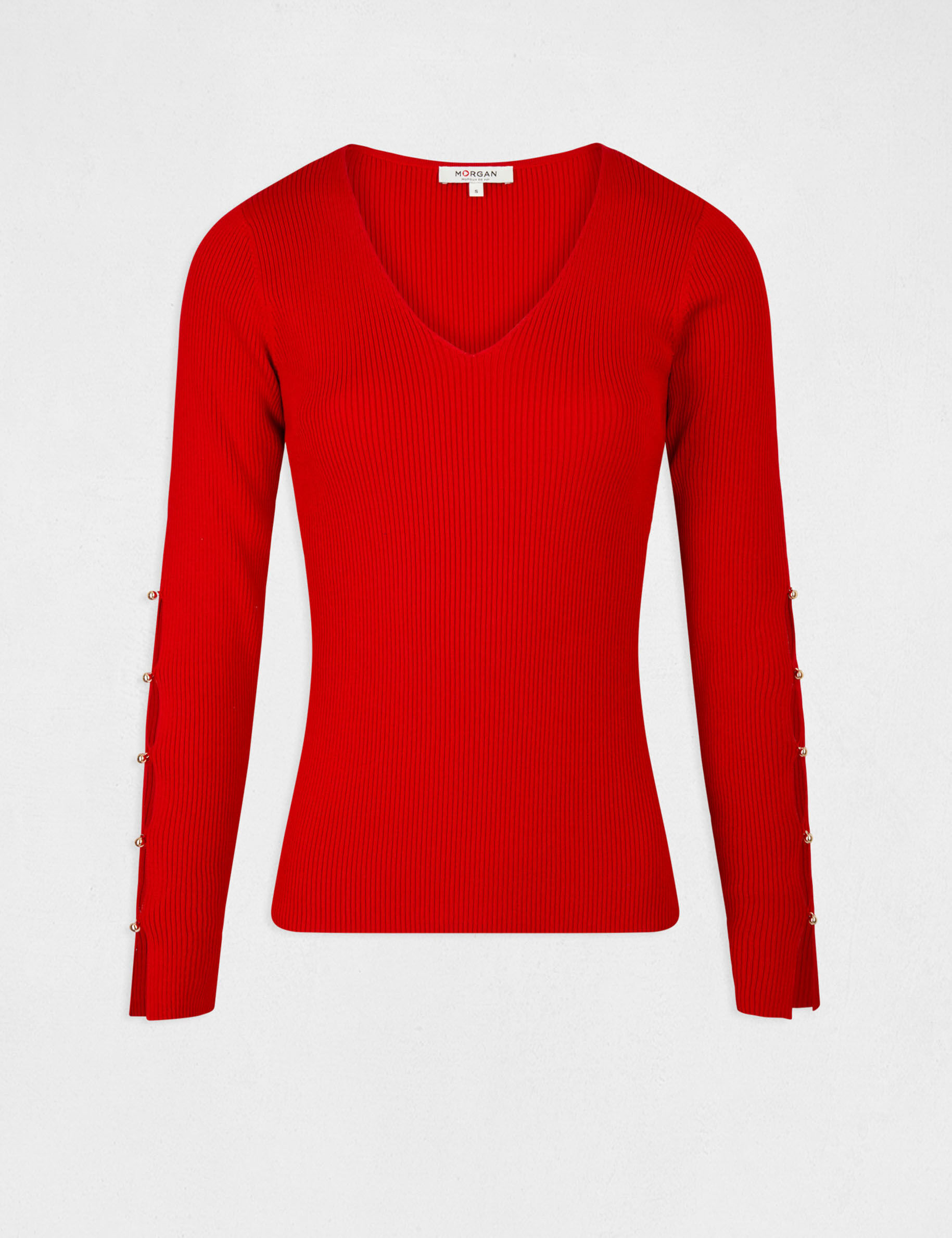 Pull manches longues fendues à boutons rouge femme - rouge