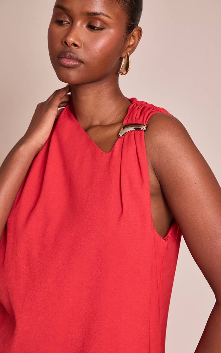 Rouge Robe Courte Tissée À Détail Asymétrique Orné